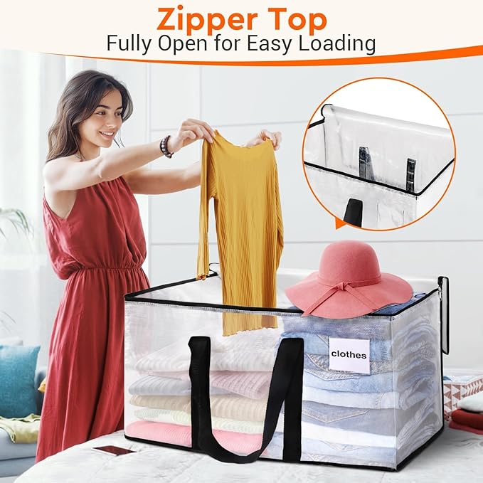 BlissTotes Clear Moving Bags Heavy Duty, 93L Extra Large Storage Bags with Zipper & Reinforced Handles, Waterproof PP Moving Totes for Clothes, Bedding, Comforters, Space Saving Storage (8 Pack)