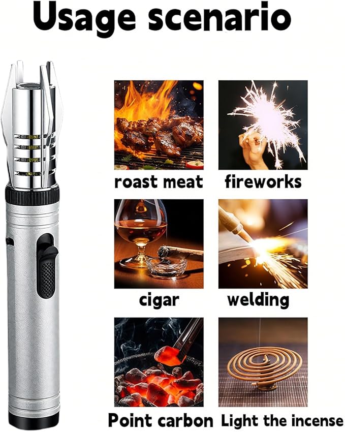 Torch Lighter, Refillable Butane Windproof Jet Lighter with Safety Lock & Adjustable Flame for Cooking, Camping, BBQ, Baking, Kitchen, Outdoor (No Gas Included) - Silvery