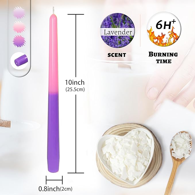 Handmade Lavender Scented Taper Candles Smokeless Aromatherapy Tall Candles 10 inch Gradient Colored Elegant Candlesticks for Home Decoration Wedding Party Gift, Set of 6