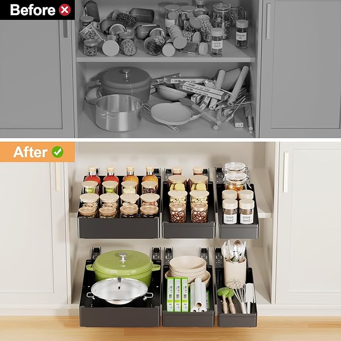 Delamu 3 Pack Pull Out Cabinet Organizer, 15.7" Deep Pull Out Drawers for Cabinets, Slide Out Drawers for Kitchen Cabinets, Bathroom Cabinet Organizer, Pantry (Black)