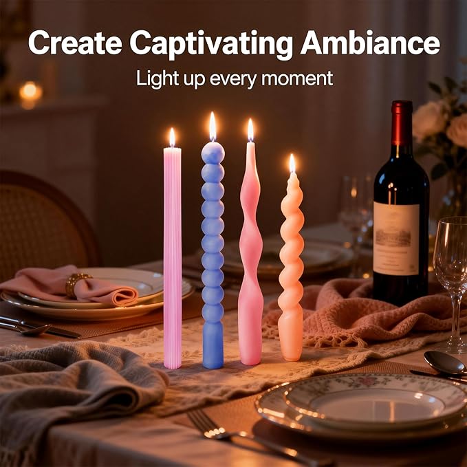 4 PCS Taper Candle Mold - Pillar Long Strip Candle Molds, 3D Silicone Candlestick Making Supplies, Cylinder Wave Twisted Strip Beaded Candlestick Casting Forms for Home Holiday Decor