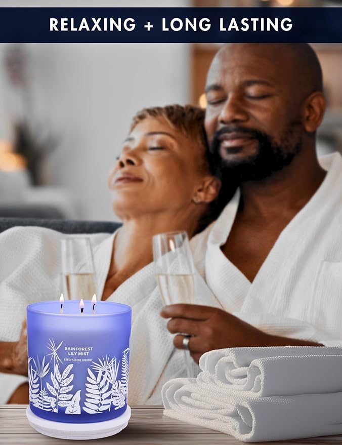 Large 3-Wick Soy Candle 14.5oz | Rainforest Lily Mist Scented Candle | Fresh Floral Aromatherapy Candle | Slow & Clean Burning | Luxury Relaxation Gift for Women and Men