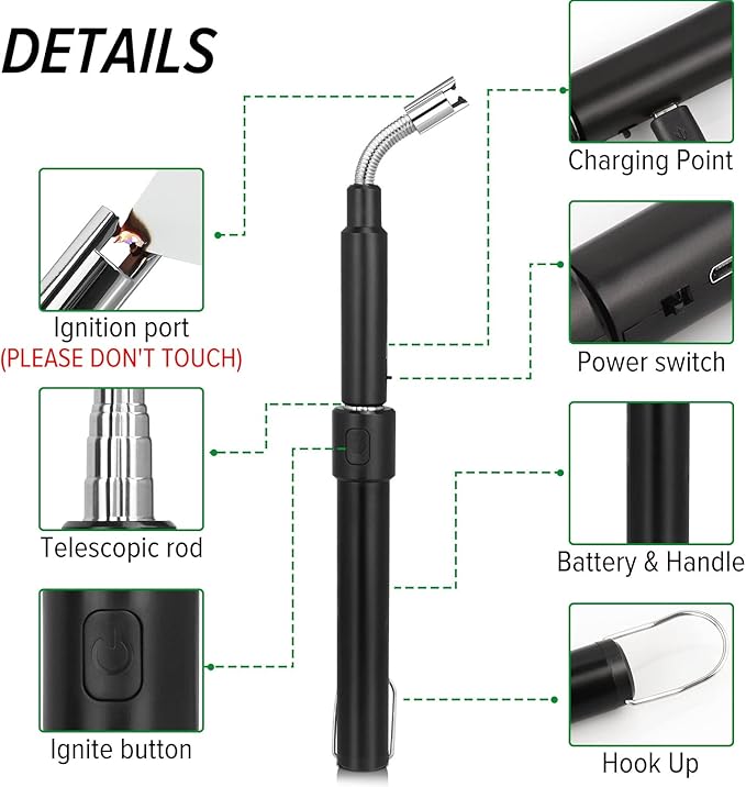 Electric Arc Lighter - Rechargeable Plasma Lighter with 11.4"-27.55" Adjustable Neck, Windproof & Flameless for Candles, Fireplaces, Fire Pits (Black)