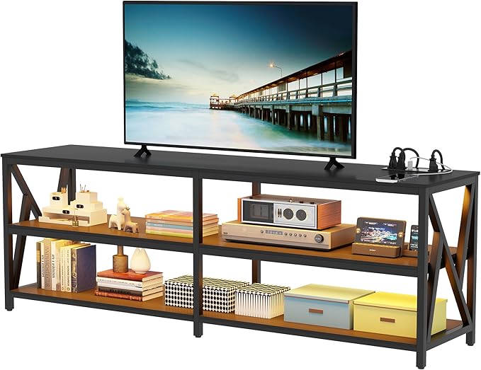 Lvifur LED TV Stand for 65 70 75 inch TV, Auto Sensor Entertainment Center with RGB Dimmable Lights, TV Console Table with Open Storage Shelves and Metal Frame (Black)