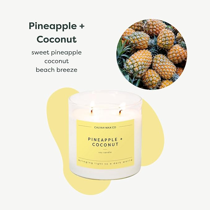 Calyan Wax Co. Pineapple & Coconut 2 Wick Scented Candle - 37 Hour Burn - Luxury Non Toxic Soy Wax Candles - Long Lasting Large Glass Jar Candle for Home - 8.8oz