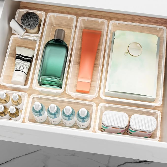 ElegantArray 48 PCS Drawer Organizer Set, 4 Sizes Tool Storage Trays, Clear Plastic Makeup Vanity Organizer and Storage Bins for Makeup, Stationeries, Multiple Gadgets for Bathroom, Office, Bedroom