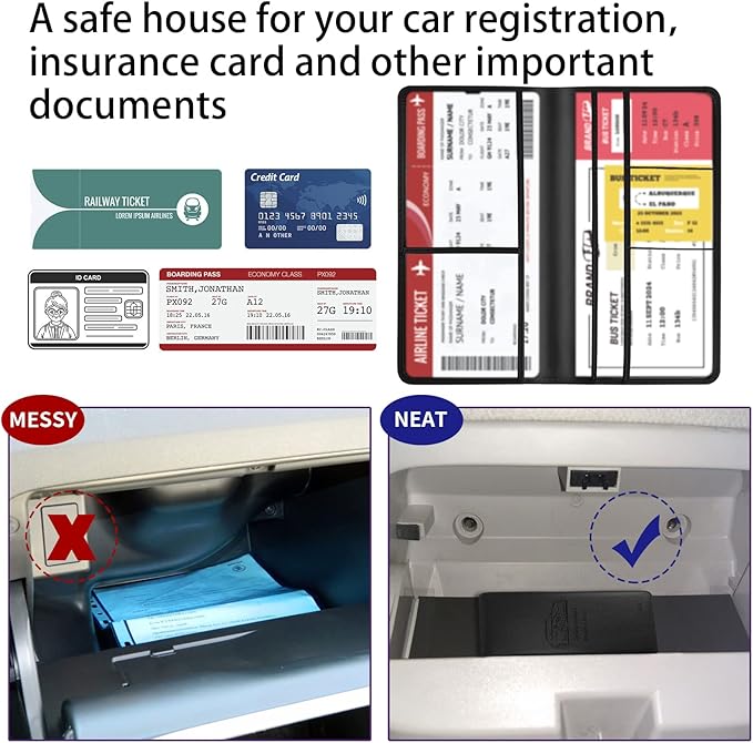 Car Registration and Insurance Card Holder - Leather Vehicle Glove Box Automobile Documents Paperwork Wallet Case Organizer for ID, Driver's License, Key Contact Information Cards
