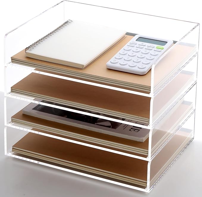 Acrylic Paper Tray, 4 Tier Paper Organizer for Desk, Clear Acrylic Desk Organizers, Stackable Letter Tray Workspace Organizer -Art Storage for School Classroom -4 Pack…