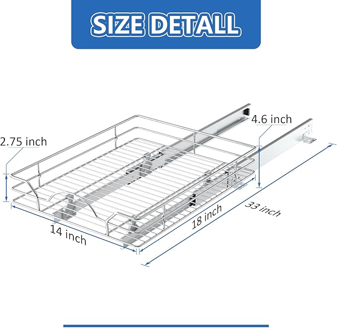 ROOMTEC Pull Out Cabinet Organizer - 14" W x 18" D, Slide Out Storage Shelves, Fits 15.5" Opening