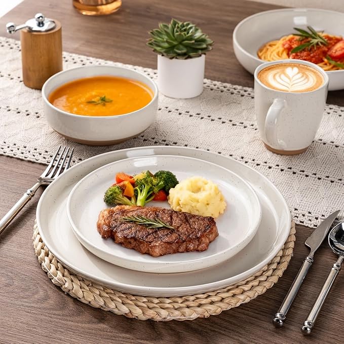 AmorArc Ceramic Dinnerware Sets, Handpainted Plates and Bowls Set with Rustic Terracotta Underside, Scratch Resistant Stoneware Dishes Set, Dishwasher & Microwave Safe
