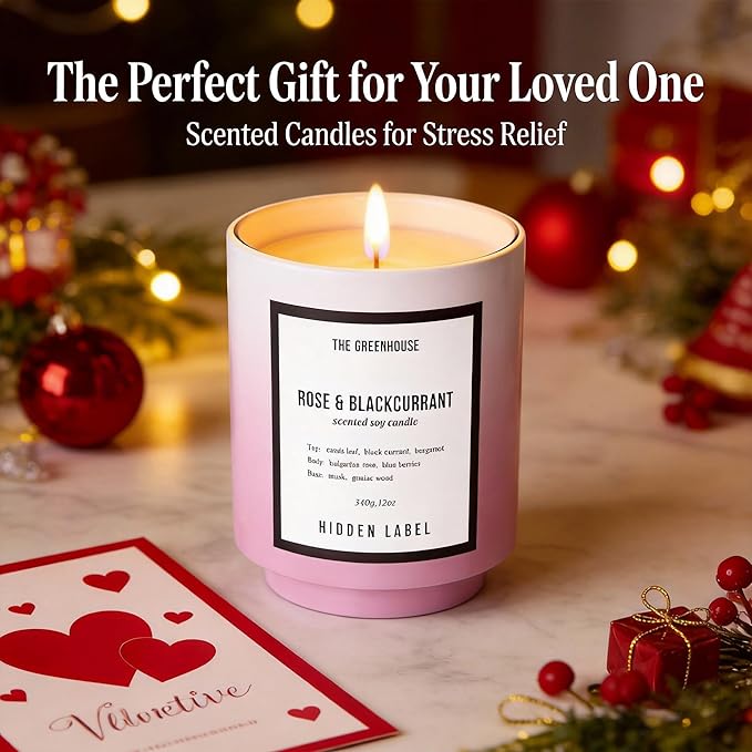 Hidden Label Rose Blackcurrant Soy Candles, 12oz Natural Soy Wax, 75 Hours Long Lasting Clean Burn, Scented Candles Gifts for Women, Valentine's Day, Stress Relief, Meditation, Relaxation