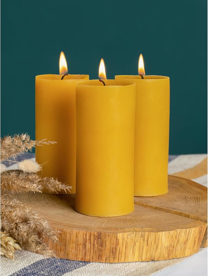 CANDWAX Pure Beeswax Pillar Candles 1.8x4 inch Set of 3-34.5 Hours Burning Handmade Yellow Candles - Smokeless Pure Bees Wax Candle Home Décor