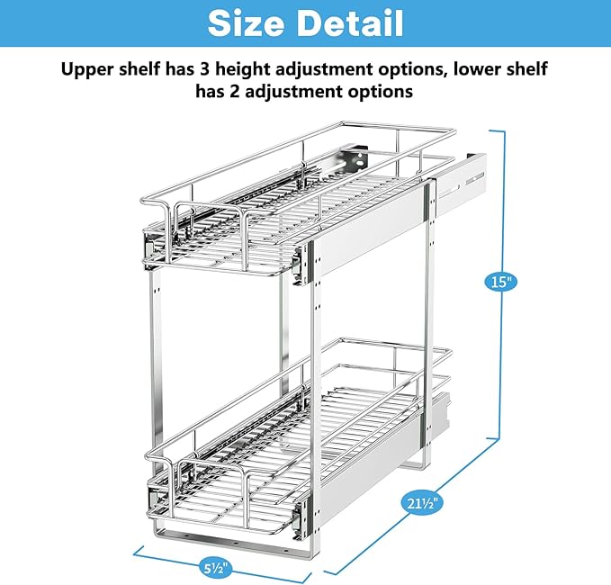 LOVMOR Individual Pull Out Cabinet Organizer, 2 Tier Slide Out Cabinet Drawers, Pots and Pans Organizer and Storage Pantry Shelf for Kitchen (5½" W x 21½" D)