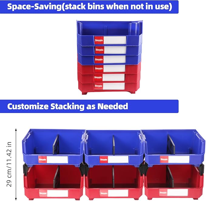 Stackable Storage Bins 6 Pack (11x11x5 Inch), Plastic Stackable Storage Organizer Bins Wall Mounted Hanging Small Parts Bin for Garage, Workbench & Office (Blue & Red)