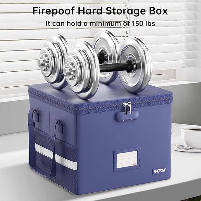ENGPOW 5200°F File Box Fireproof Document Box with Lock,Heat Insulated Collapsible File Storage Organizer Box with Handle,Portable Home Office File Cabinet for Hanging Letter/Legal Size Folder, Blue