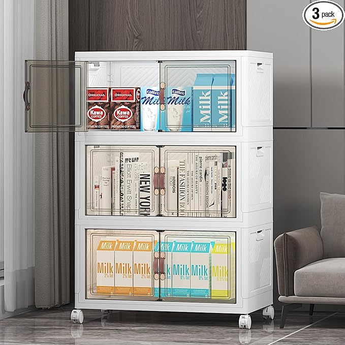 Stackable Storage Bins with Lids, 156QT Closet Organizers and Storage with Doors and Wheels, Extra Large Storage Cabinet, Collapsible Plastic Drawers for Bedroom Dorm Office Garage