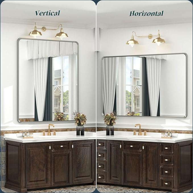 OKPAL 22 x 30 Brushed Nickel Bathroom Vanity Mirror, Rounded Rectangle Silver Bathroom Mirror, Brushed Silver Framed Farmhouse Mirror, HD Anti-Rust Wall Mirror(Horizontal/Vertical)