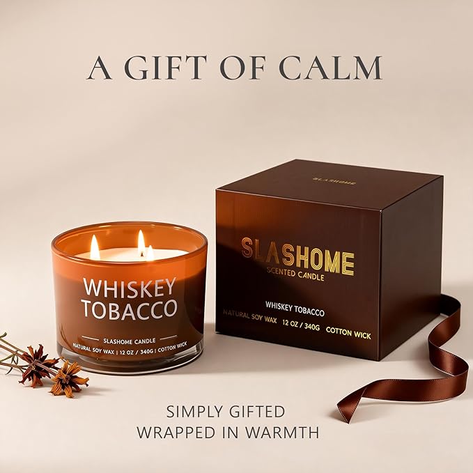 Whiskey & Tobacco Scented Candle, Luxury Large 3 Wick Soy Candle 12 Oz, 60+ Hour Long Lasting Clean Burn, Elegant Aromatherapy Home Decor, Housewarming & Birthday Gift for Men & Women