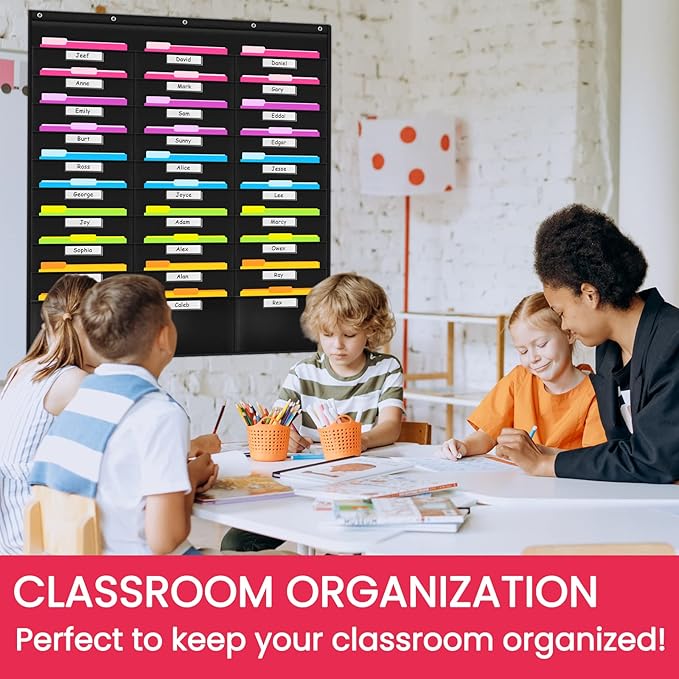 Godery School Pocket Chart, 30 Signatory Pocket, Heavy Duty Hanging File Folders Pocket Chart Cascading Organizer & 5 Hangers Hooks, Perfect for Classroom, School, Office or Home Use