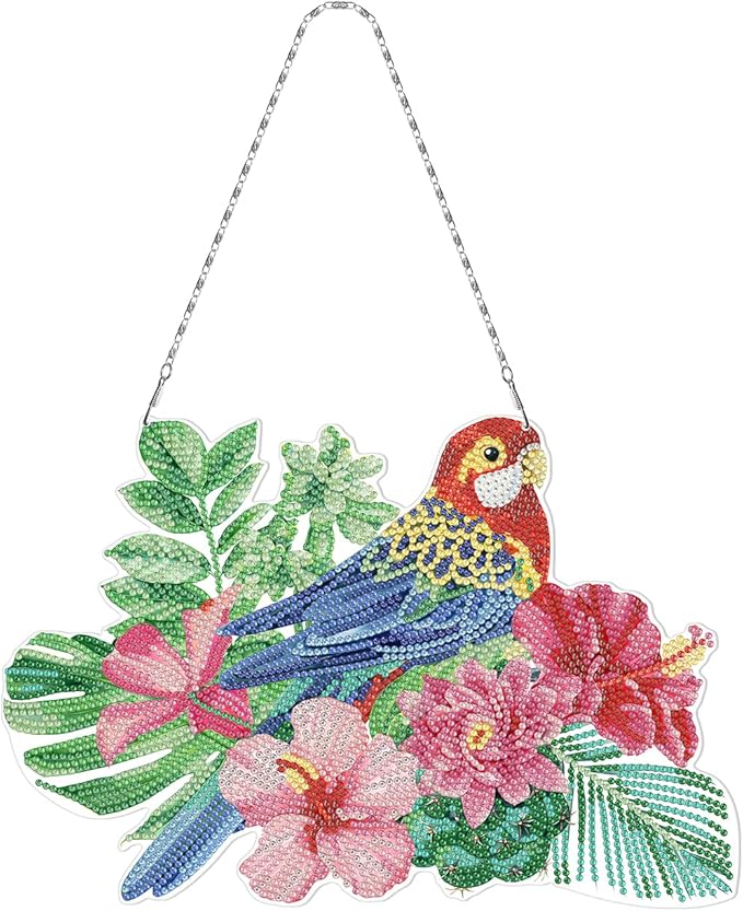 Parrot Diamond Art Hanging Signs with LED Light String DIY 5D Bird and Flowers Diamond Art Painting Wreath Hanging Pendant Special Shaped Gem by Number Mosaic Kits for Garden Front Door Spring Decor