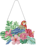 Parrot Diamond Art Hanging Signs with LED Light String DIY 5D Bird and Flowers Diamond Art Painting Wreath Hanging Pendant Special Shaped Gem by Number Mosaic Kits for Garden Front Door Spring Decor