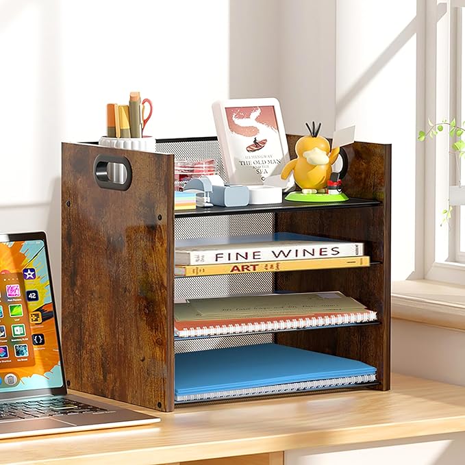 Wood Desk Organizer - 4-Tier Desktop File Organizer, Wooden Paper Organizer, Office Desk Organization for Accessories, Papers, Mail, Notebooks, Stationery