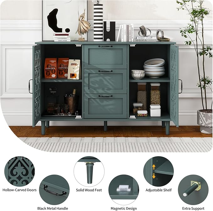 vistavie Green 2 Doors 3 Drawers Buffet Sideboard Cabinet - Accent Cabinet with Adjustable Shelves，47 Inch Wide Wood Storage Cabinets for Dining Room,Living Room and Kitchen