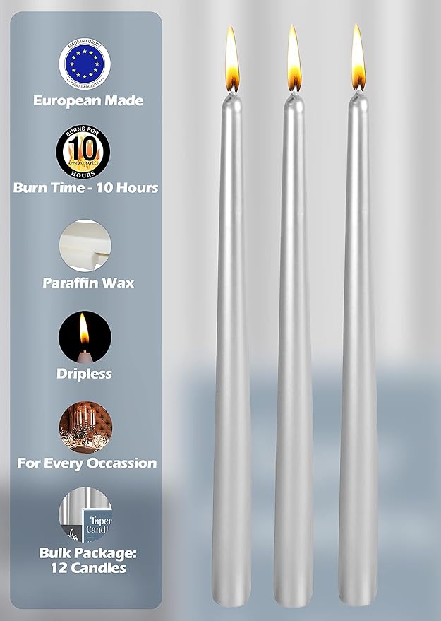 Hyoola 12 Pack Tall Metallic Taper Candles - 12 Inch Silver Metallic, Dripless, Unscented Dinner Candle - Paraffin Wax with Cotton Wicks
