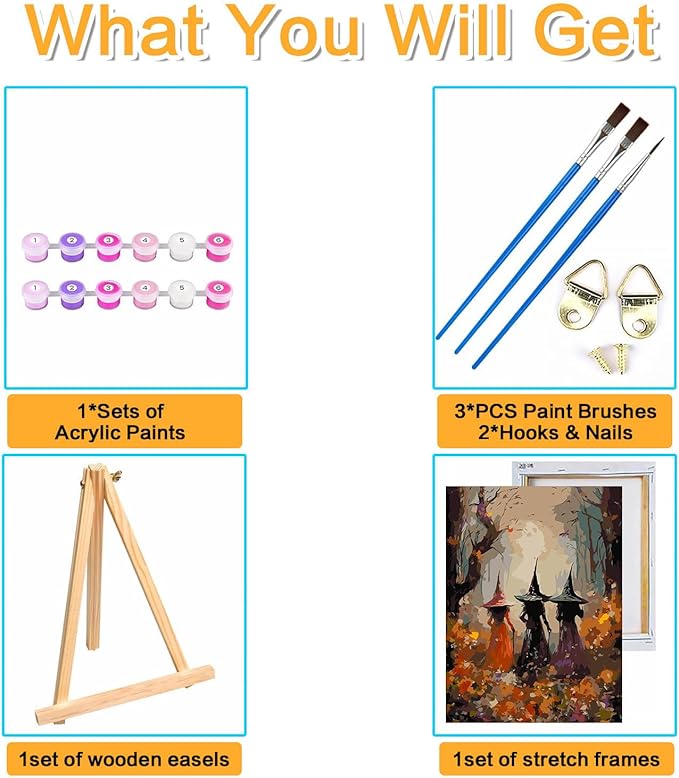 Meothan Framed Paint by Numbers Kits for Adults, Halloween Paint by Number for Adults Beginners, Paint by Numbers Kits on Canvas with Framed and Easel for Home Wall Decor 11.8x15.7inch (Witch)