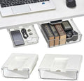 2 Pack Under Desk Hanging Drawer Slide Pull Out, Attachable Clear Acrylic Storage Tray, Easy Hidden Self Adhesive Mount Cabinet Shelf Holder for Tables, Home & Office, Counters, Workstation