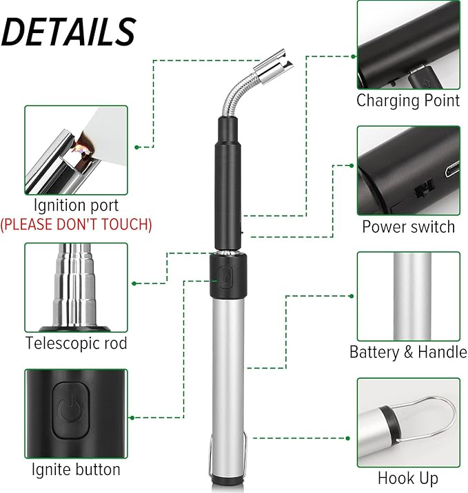 Electric Arc Lighter - Rechargeable Plasma Lighter with 11.4"-27.55" Adjustable Neck, Windproof & Flameless for Candles, Fireplaces, Fire Pits (Silver)