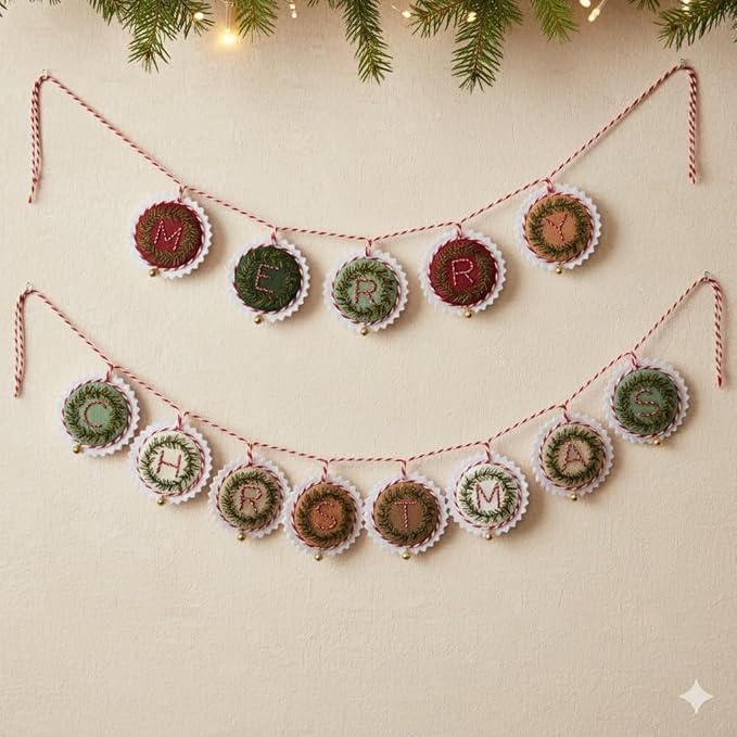 TenDawn Personalized Christmas Embroidery Ornament Kit, Set of 12 DIY Wreath Decorations with Customizable Letters – Handmade Holiday Ornaments for Tree & Gift – Rustic Christmas Decor