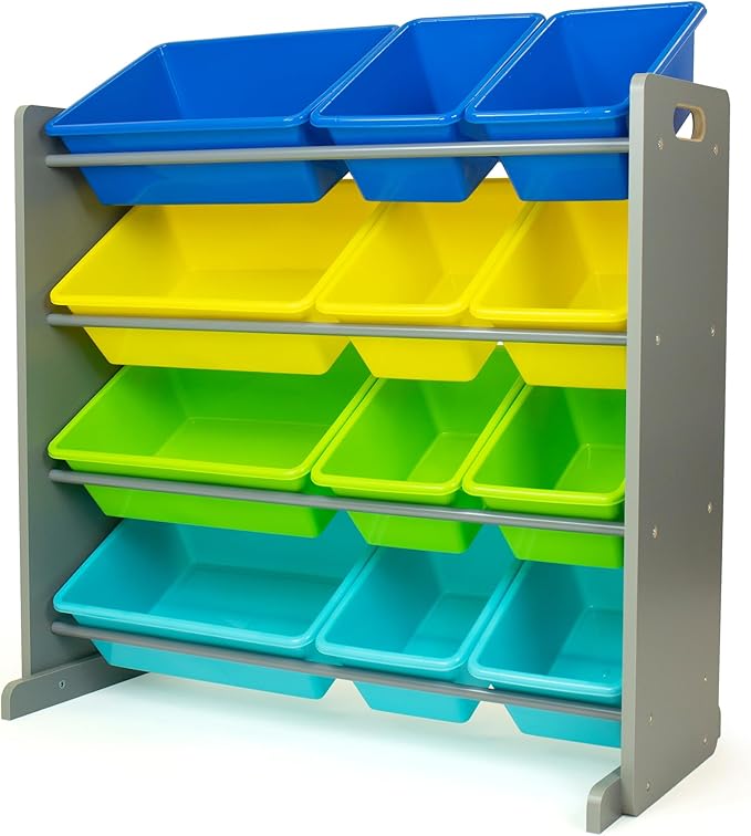 Humble Crew Kids Toy Storage Organizer with 12 Plastic Bins, Grey/Blue/Green/Yellow – Removable Bins for Playroom, Bedroom, Toddler Furniture for Boys and Girls Ages