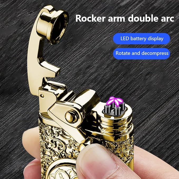 Electric Lighter USB Rechargeable Lighter, Windproof Plasma Dual Arc Lighters, Personalized Lighters, Flameless Cool Lighteres with LED Battery Indication for Candles, Outdoor Camping (Golden)