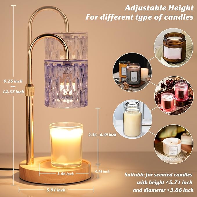 HAIDOLIANG Candle Warmer Lamp with Timer and Dimmer, Height and Brightness Adjustable,Glass Electric Wax Warmer with 2 Bulbs for Women Mom Gifts, Home Decor for Scented Jar Candles (Purple)