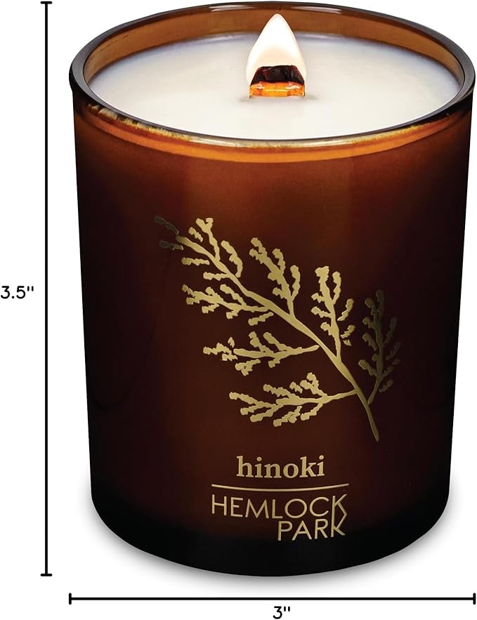 Hemlock Park Amber & Gold Wood Wick Candle Handcrafted with Natural Coconut Wax (Standard 7.2 oz, Hinoki)