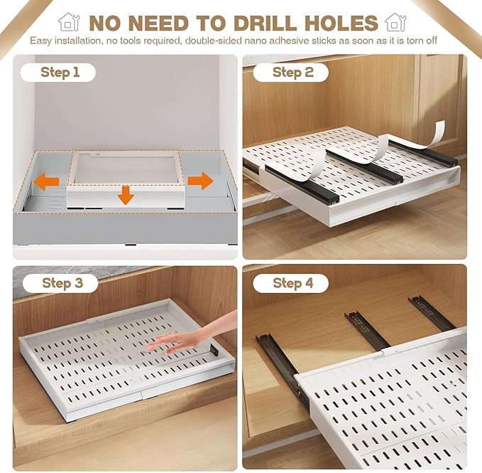 2 Pack Pull Out Cabinet Organizer With Raising Pad for Framed Cabinets,Expandable Width (11"-16") and Depth (17"-24"),3 Slide Rails Slide Out Drawers with Handle,No-Drill Roll Out Shelf,White