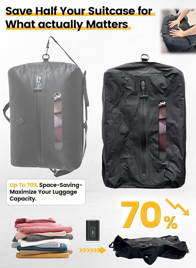 Travel Vacuum Bags with USB-C Pump, Compression Storage Bags for Clothing, Space Saving Packing Cubes Alternative for Carry-On Suitcase, Backpack & Luggage, Waterproof Reusable Travel Bags