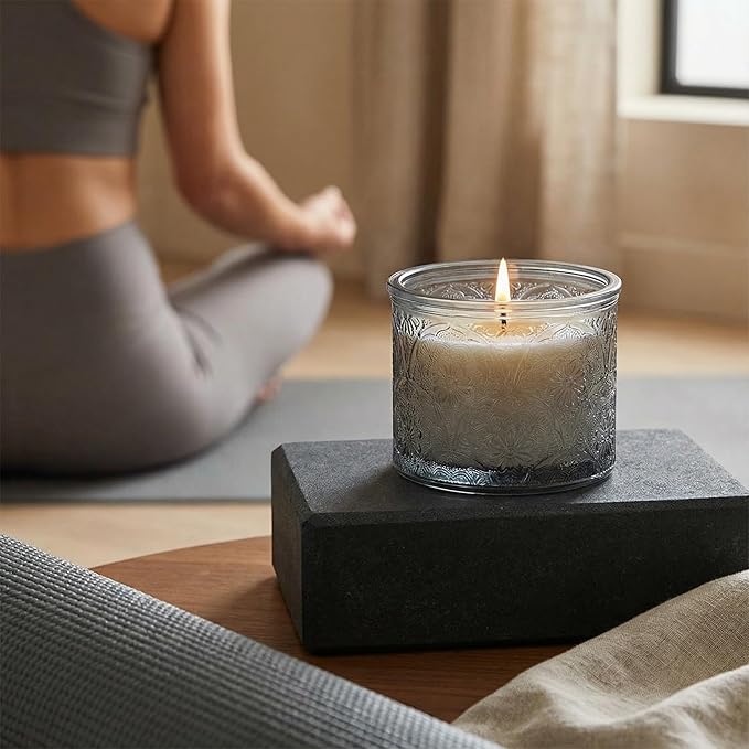 10 oz Embossed Glass Candle Container with Bamboo Lids and Labels, Gray Candle Jars for Making Candles, Mandala Design - Pack of 9