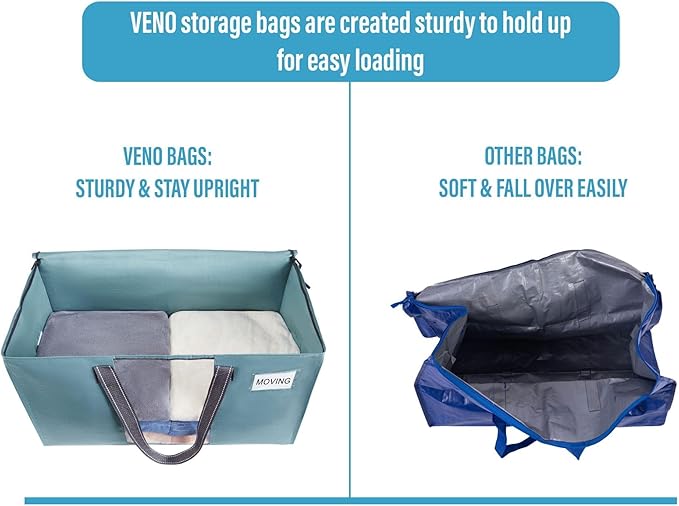 VENO 4 Pack Heavy Duty Moving Bags, Clothes and Comforter Storage Bags with Clear Window, College Dorm Essentials Packing Supplies, Foldable Boxes Alternative (Shiny Light Blue, 4 Pack)