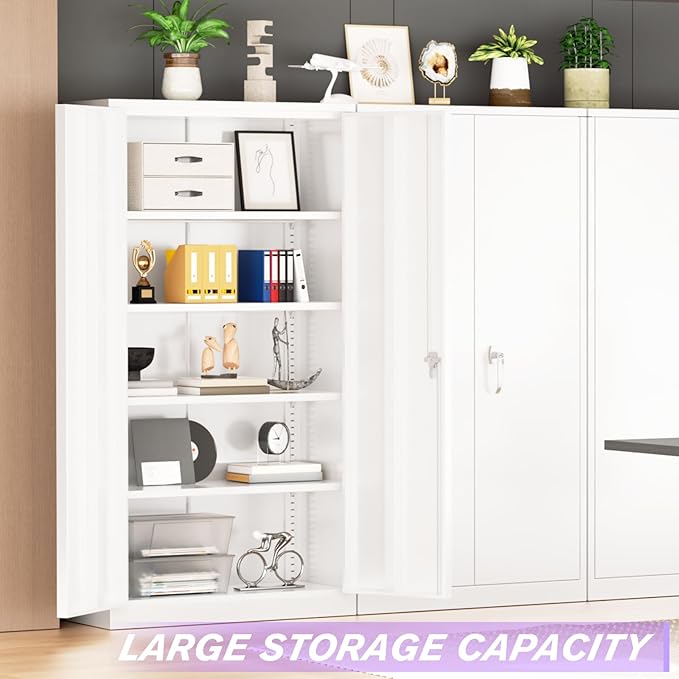 Superday Metal Storage Cabinets, 72" Storage Cabinet with Locking Door, Tall Garage Cabinet with 2 Doors and 4 Adjustable Shelves for Home Office, Classroom, Easy Assemble(White)