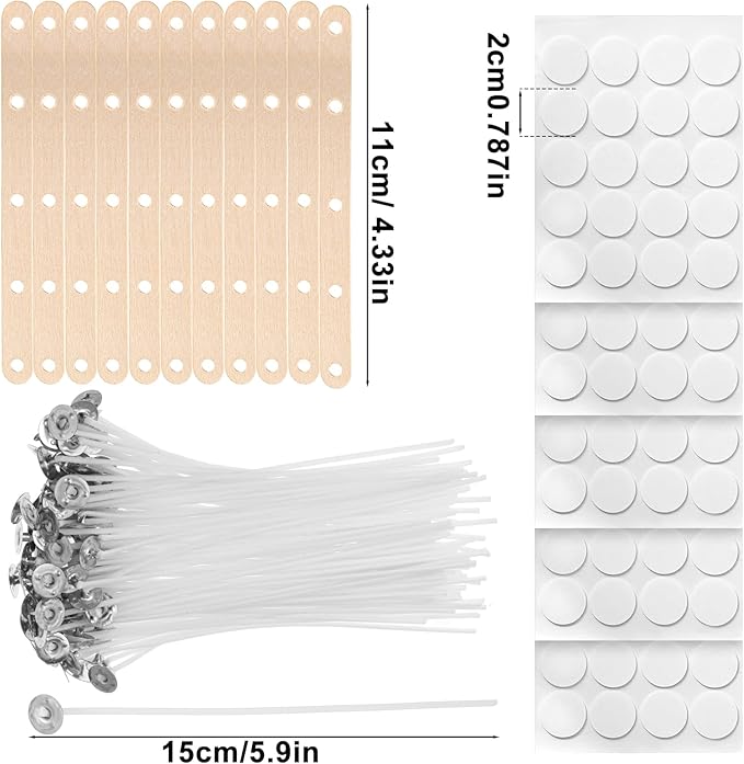Candle Wicks for Candle Making - 100 Pcs Candles Wicks with 100 Pcs Wick Stickers and 10 Candles Wick Holders, Perfect for Soy Wax, Beeswax, and More