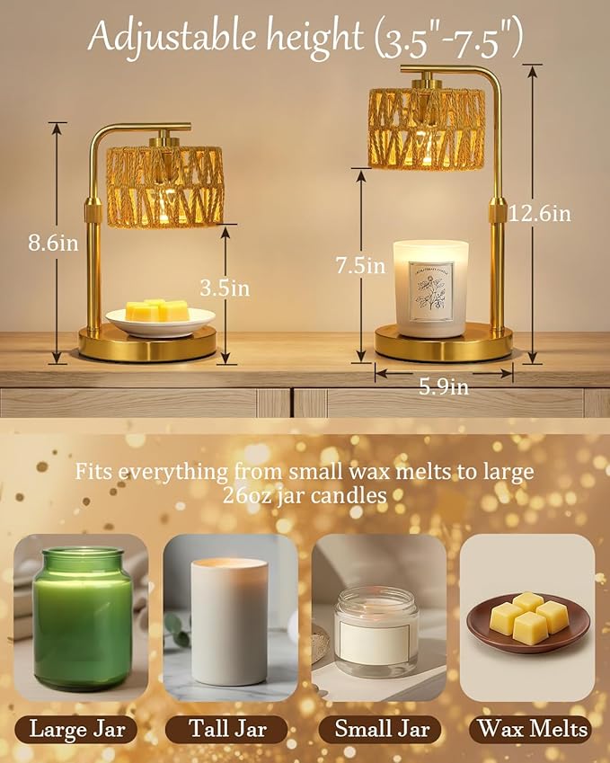 Candle Warmer Lamp with Timer, Dimmable Candle Warmer for Jar Candles, Height Adjustable Candle Lamp Warmer, Boho Rattan Lampshade and 2 Bulbs, Gift for Home Room Decor, Gifts for Women Mom (Gold)