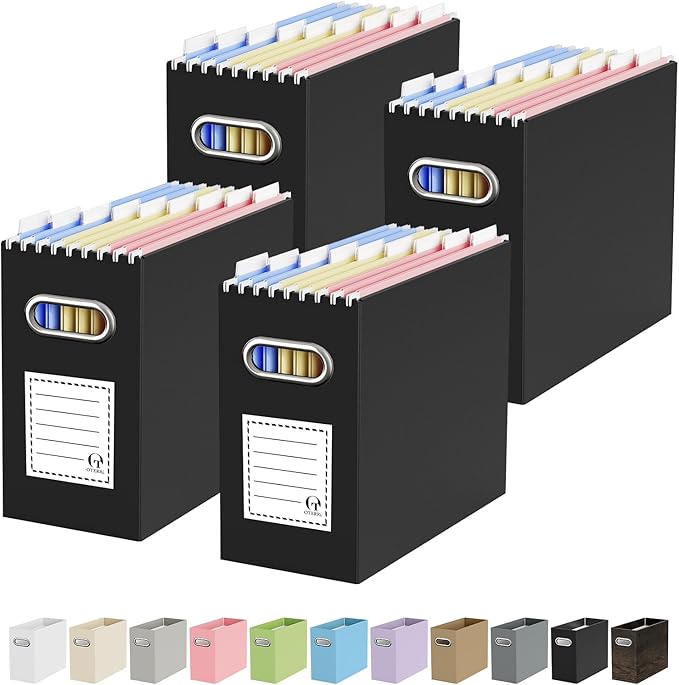Oterri File Organizer Box, Portable Collapsible Cardboard File Folder Organizer with Handle for Letter Size Hanging Files, Document Storage Box for Home Office & Classroom (4 Packs, Black)