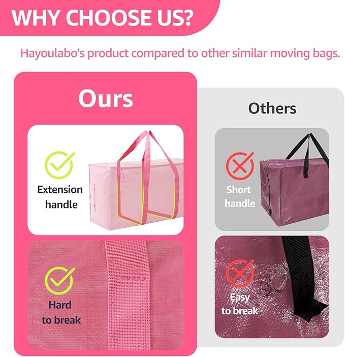 Moving Bags Heavy Duty Extra Large, Moving Boxes, Moving Supplies Essentials,Storage Bins with Lids, Plastic Packing Totes, Storage Bags for Clothes with Handles & Zippers(Pink, 4 Pack)