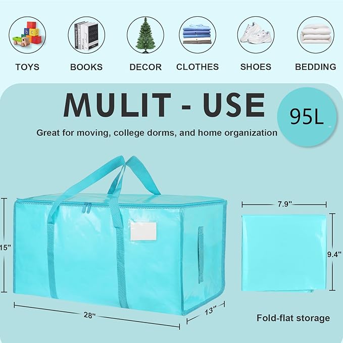 16 Pack-Extra Large Heavy Duty Moving Bags - Waterproof Storage Totes with Handles & Zippers, Foldable for College Dorm, Storage (lake blue)