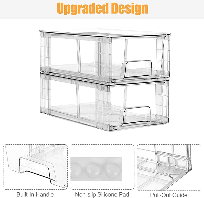 4 Pack Stackable Storage Drawers, Bathroom & Undersink Organizer with Removable Dividers - Acrylic Drawer Organizers with Handles for Fridge, Kitchen Cabinet, Pantry Storage