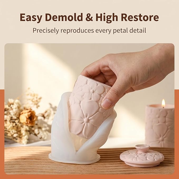 Cylindrical Embossed Flower Storage Jar Silicone Mold, Floral Design Candle Holder Mold for DIY Aromatherapy Plaster, Candles, Resin Crafts - Eco-Friendly Home Decor Gift