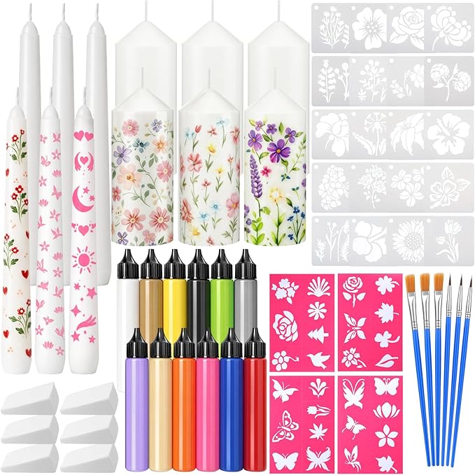 Treela 60 Pcs DIY Candle Painting Kit Include 6 White 6 White Tapered & 6 Pillar Candles 12 Candle Wax Pen 24 Floral Painting Stencils 6 Paint Brushes 6 Sponge Blocks for Craft Birthday Wedding Party