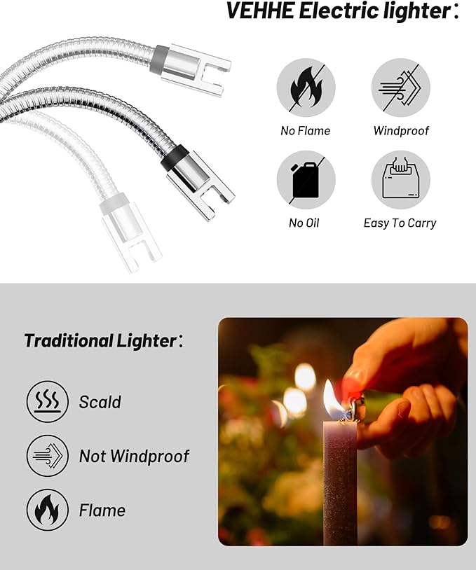 VEHHE Electric Candle Lighter, USB Rechargeable Lighters with Safety Button Lock, Flexible Neck ARC Long Lighter with LED Battery Display Windproof for Grilling Cooking Camping